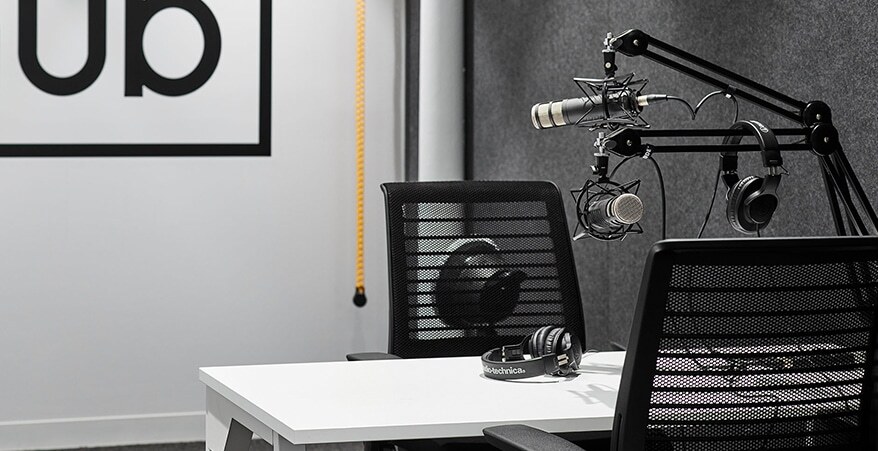Podcast equipment in media studio