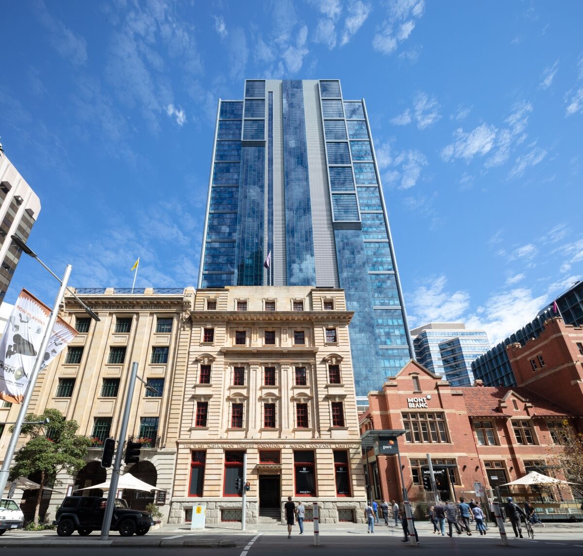 Exterior of Brookfield Place in Perth, featuring the heritage buildings and modern tower home to One Two Five by Hub.