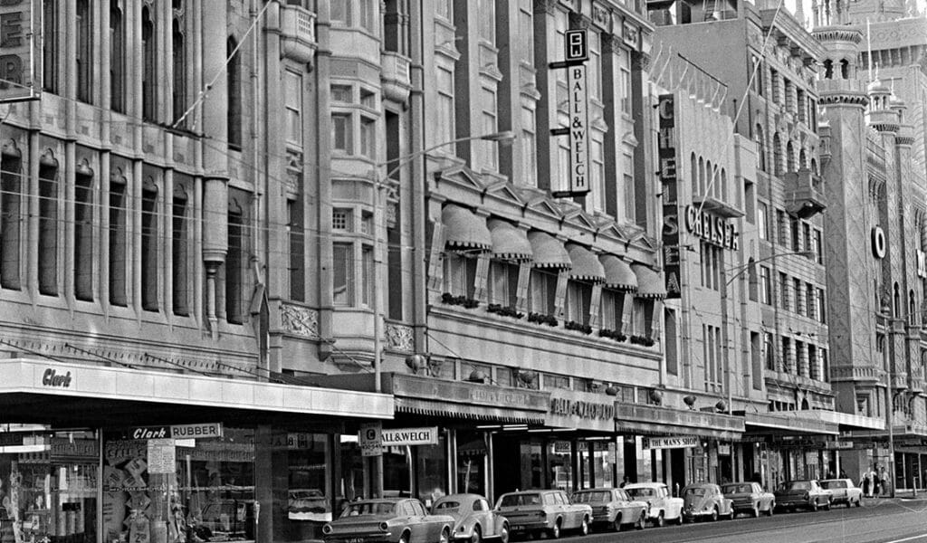 Black and white photo of ball & welch exterior