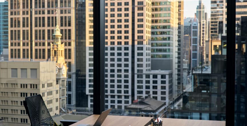 office window with view of Sydney city skyline