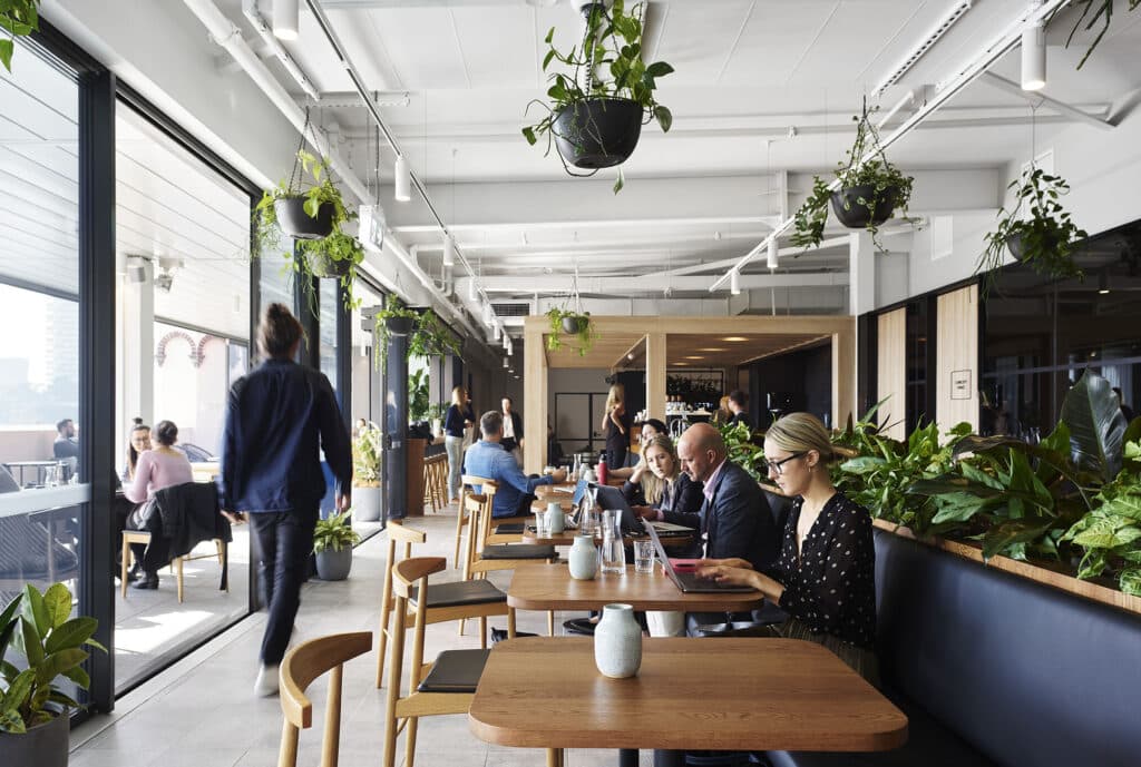 rooftop cafe with people working