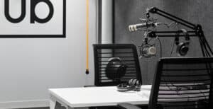 Podcast equipment in media studio