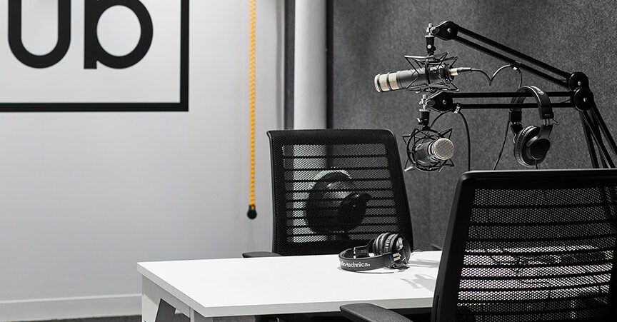 Podcast equipment in media studio