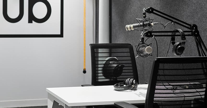 Podcast equipment in media studio