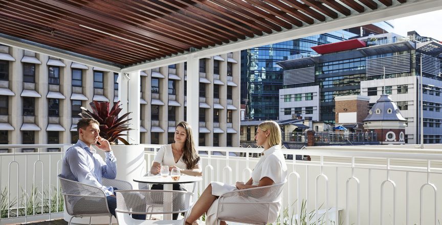 people meeting on Hub anzac square rooftop space
