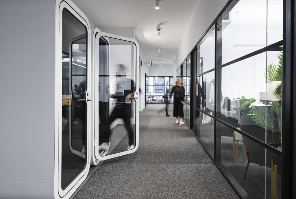 phone booths in an office setting