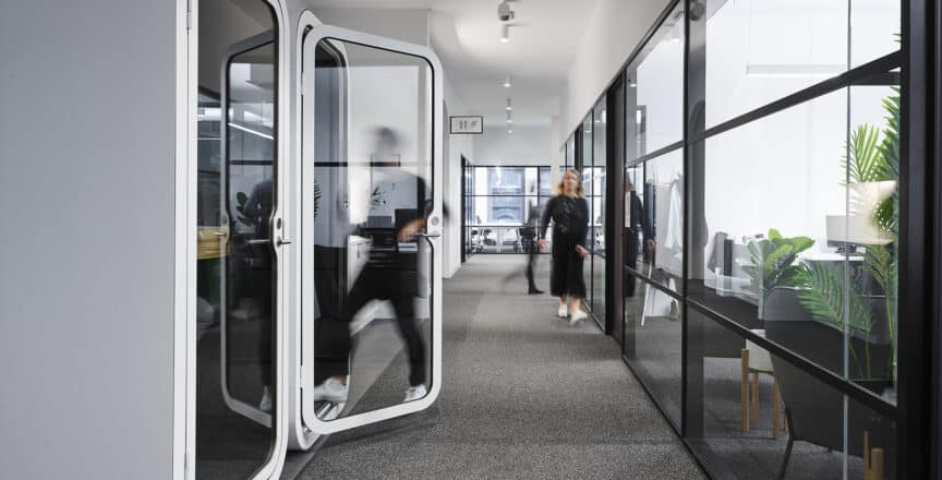 phone booths in an office setting
