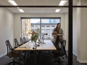 Woman walking out of an office