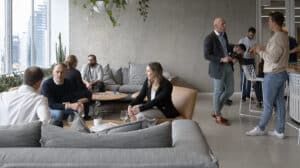 people sitting in an office building cafe