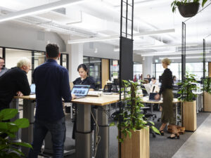 people working in an office on standing desks surrounded by plants