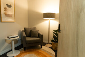 lounge chair in a soft lit room