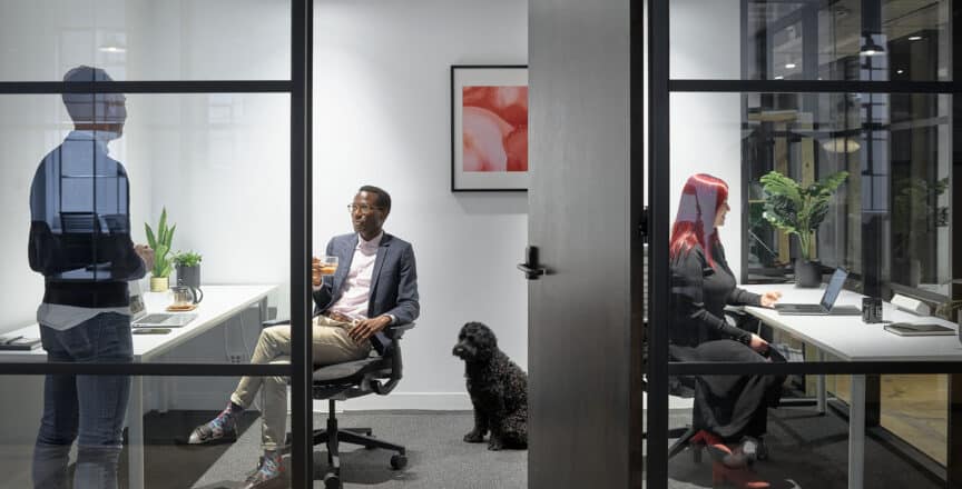 people and a dog in an office setting