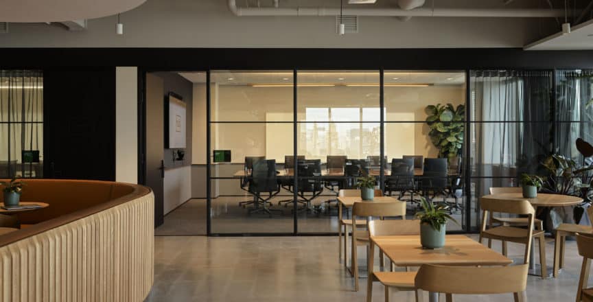 View of cafe with meeting room in background
