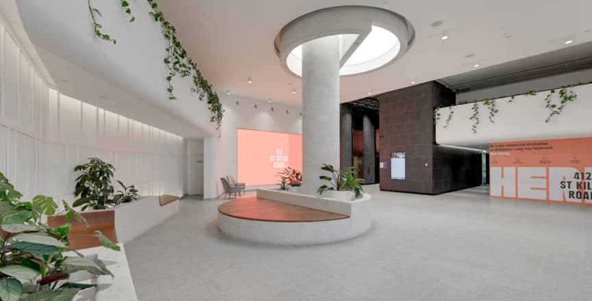 St Kilda Road bright white foyer with indoor plants.