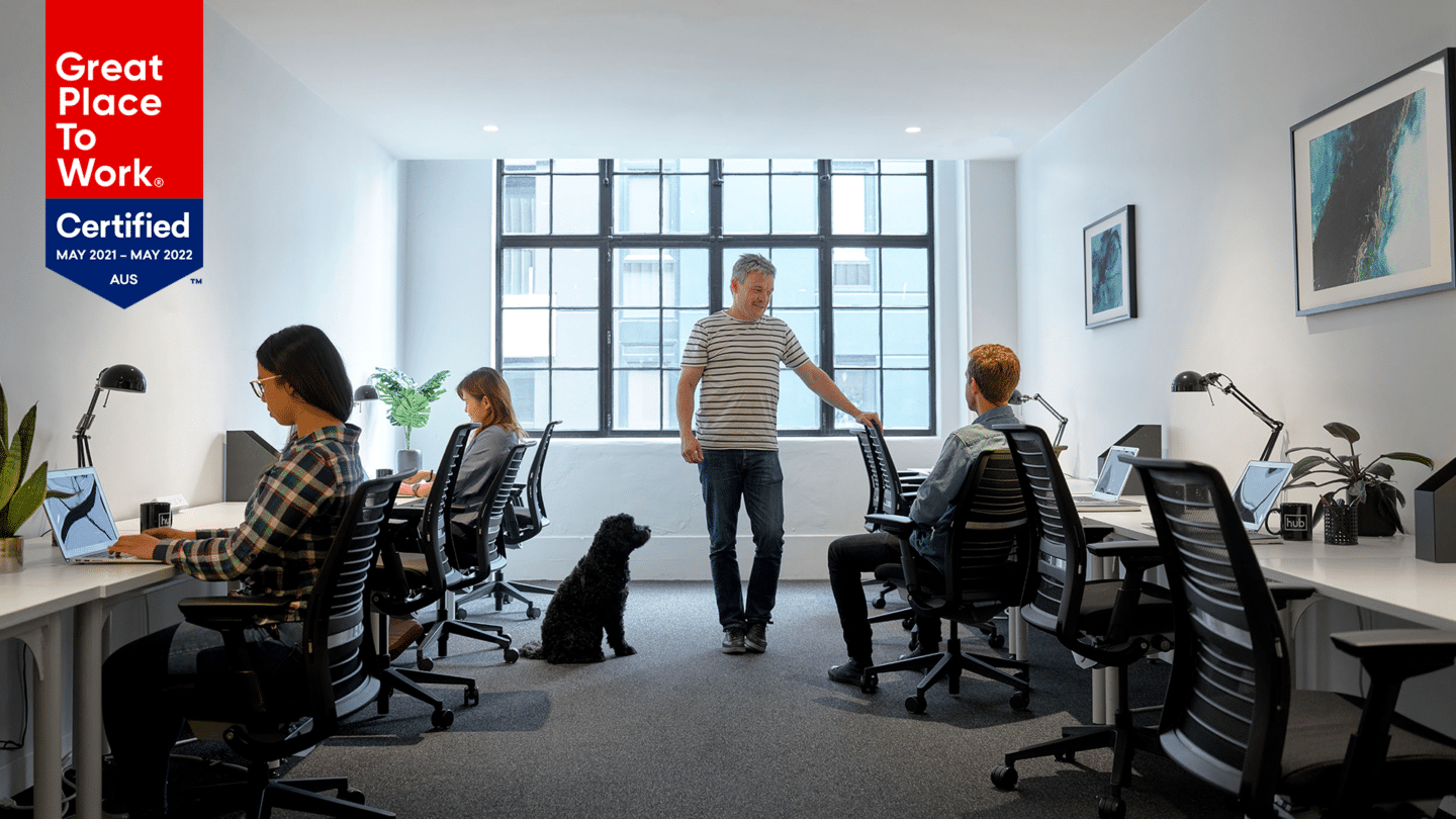 Great place to work logo over the top of Hub Australia office space