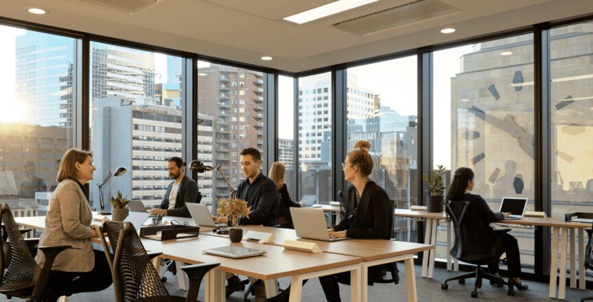 employees sitting in an office space