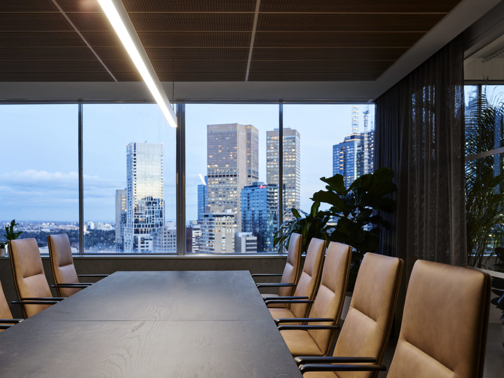 meeting room with view of the city at night