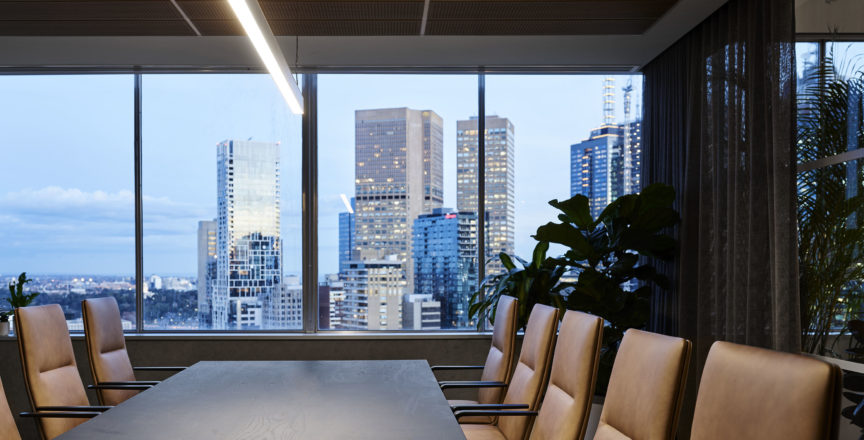 meeting room with view of the city at night