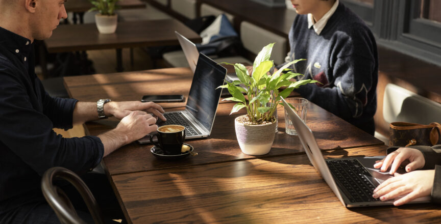people working at a desk in cafe with plants in