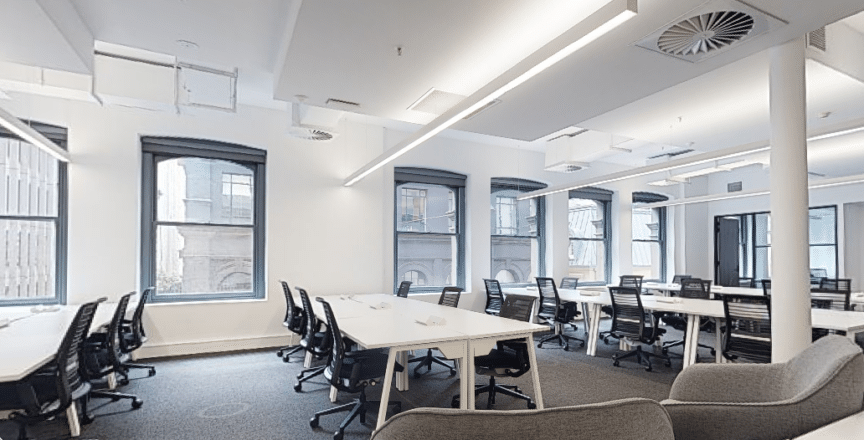 desks and chairs in an office