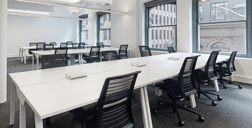 desks and chairs in an office