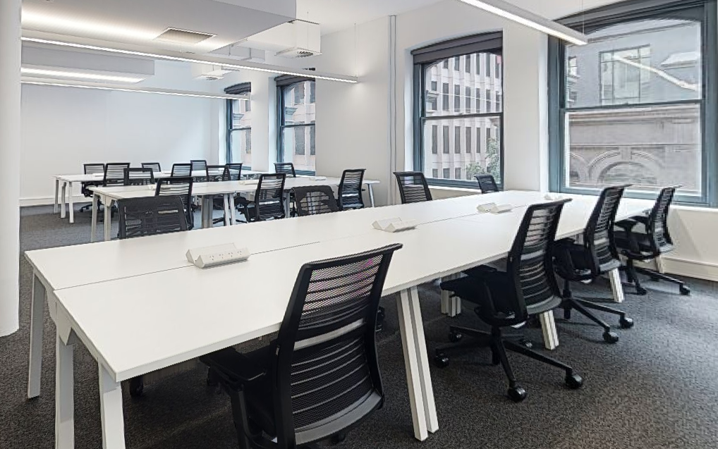 desks and chairs in an office