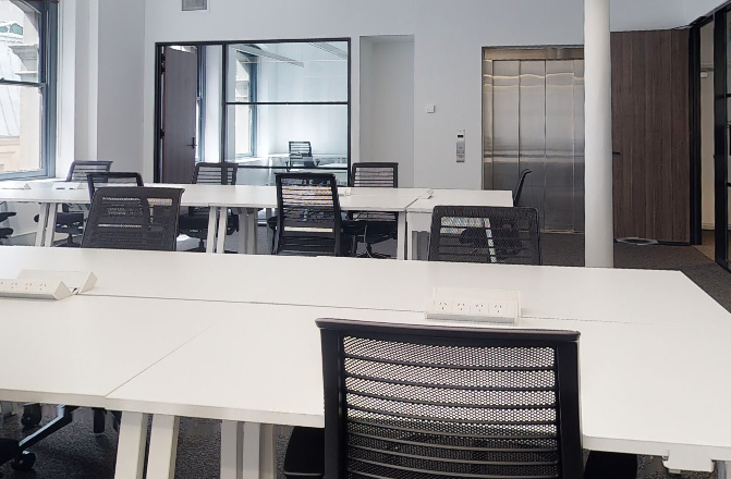 desks and chairs in an office