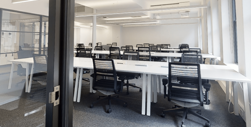 desks and chairs in an office