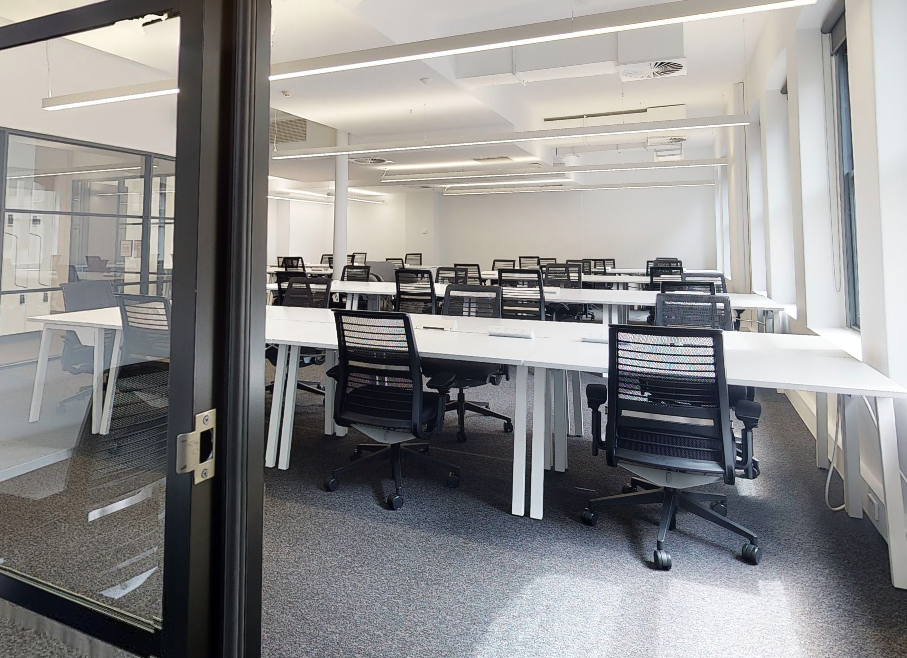 desks and chairs in an office