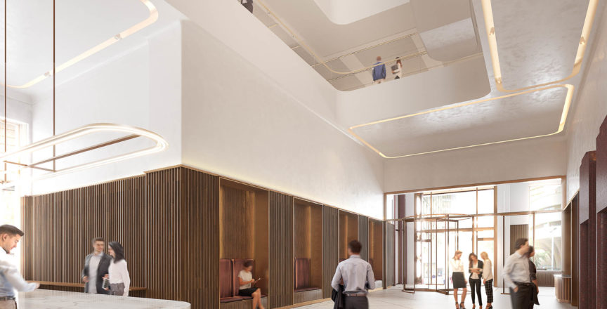 A render of the welcome desk area at Hub Martin Place. There are two people standing at the welcome desk.