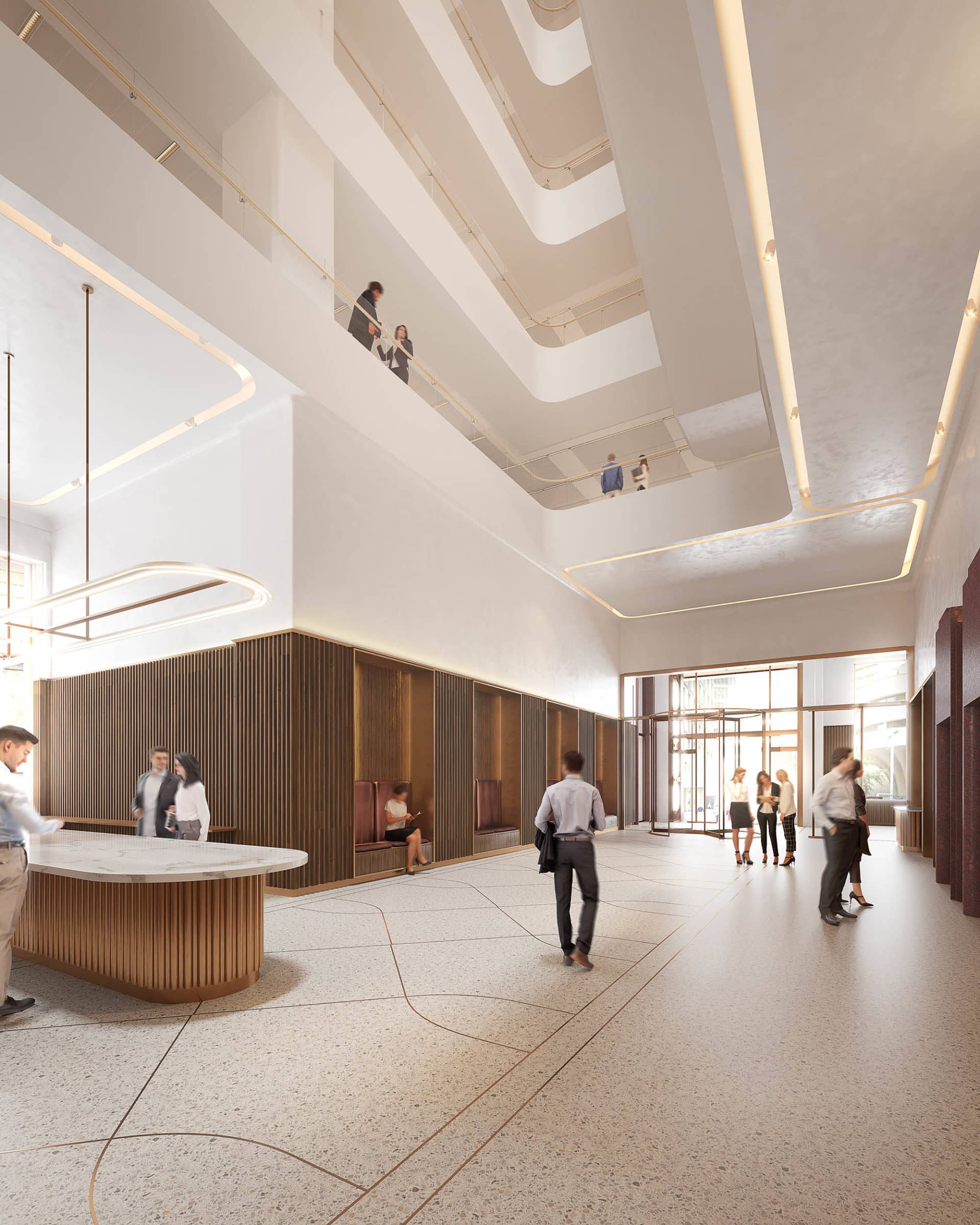A render of the welcome desk area at Hub Martin Place. There are two people standing at the welcome desk.
