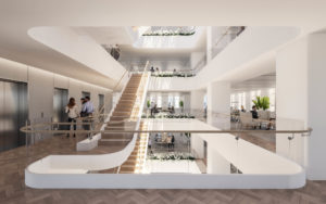 A render of three floors of Hub Martin Place. There is a long staircase, and people working in offices and at desks.
