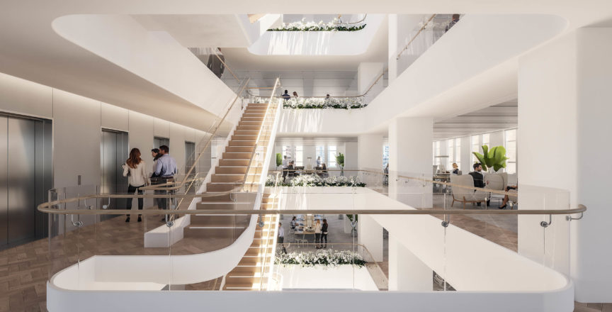 A render of three floors of Hub Martin Place. There is a long staricase, and people working in offices and at desks.