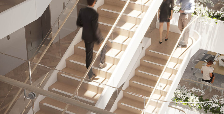 a render of Hub Martin Place. People are walking along three staircases inside an office building.