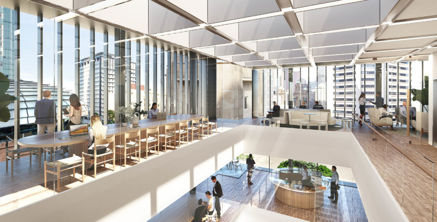 A render of Hub Martin Place, featuring people working in a meeting space, sitting on couches, and a view of the downstairs concierge