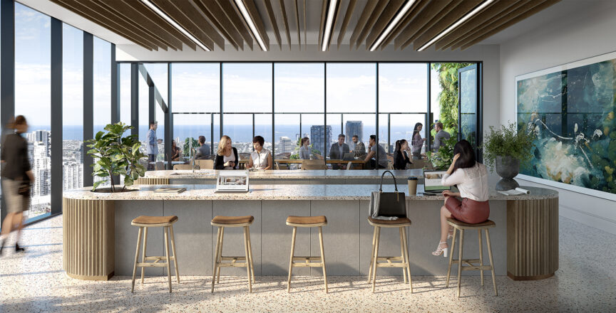 Render of people sitting in office space cafe