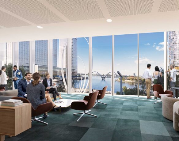 Modern office lounge with professionals conversing, large windows offering a view of Elizabeth Quay in Perth.