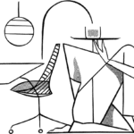 Abstract line drawing of a seated figure holding a tray, with a chair, table, and hanging light in the background.