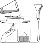 Minimalist line drawing of a hand holding a tray with a drink being poured, accompanied by a glass with ice and an upright fork.