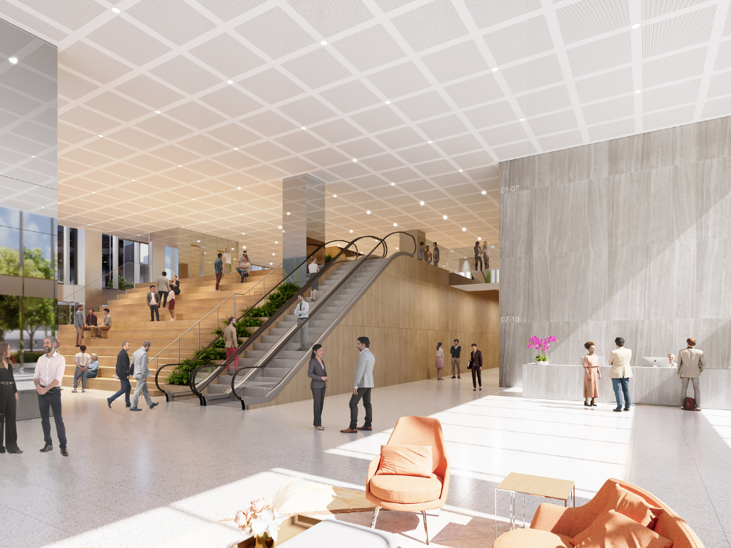 mock image of lobby with light coloured walls with people standing around the couches and the escalator 