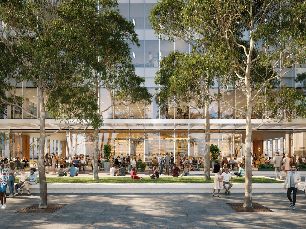 Perth EQ building, mock image, showing large windows and people walking past downstairs cafe