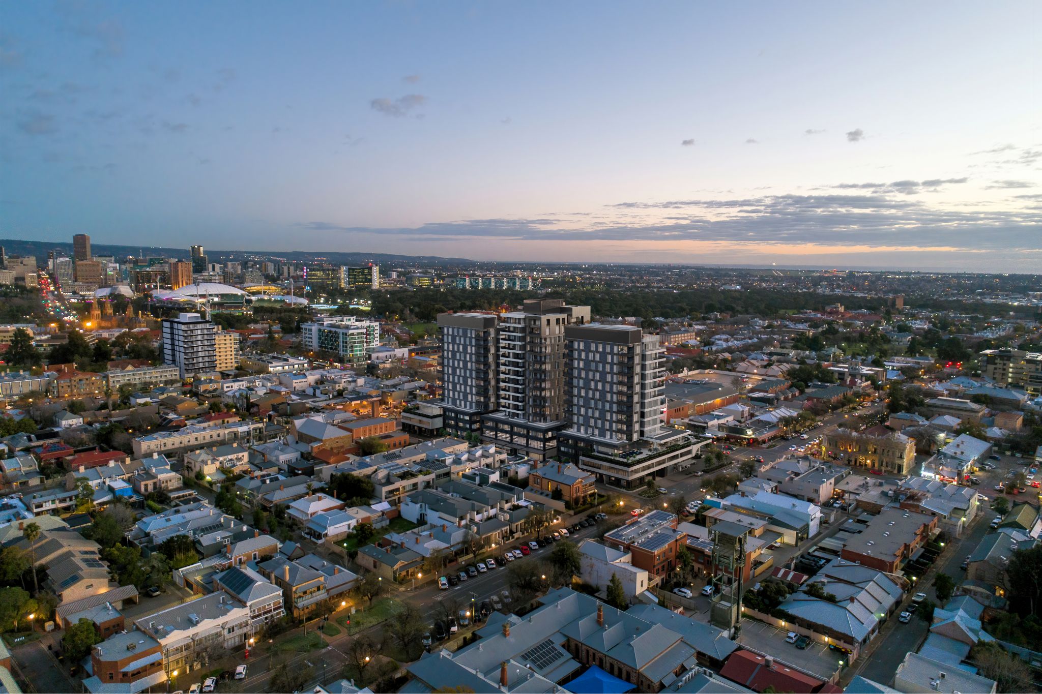 Hub North Adelaide Towers – modern mixed-use development featuring three luxury residential and commercial towers with panoramic views of Adelaide Hills and the city fringe.