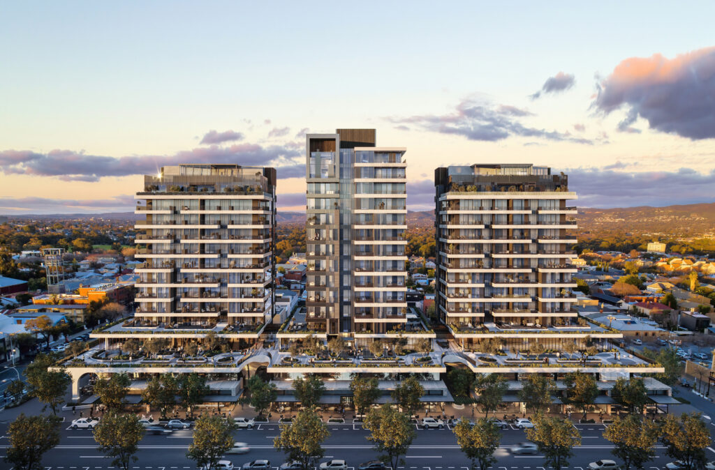 Hub North Adelaide – modern mixed-use development featuring three luxury residential and commercial towers with panoramic views of Adelaide Hills and the city fringe.