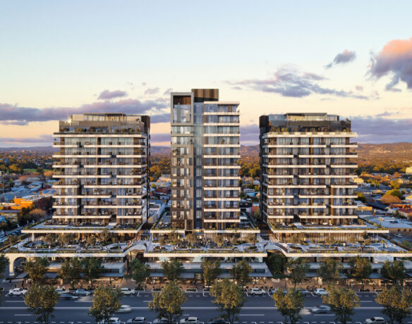 Hub North Adelaide – modern mixed-use development featuring three luxury residential and commercial towers with panoramic views of Adelaide Hills and the city fringe.