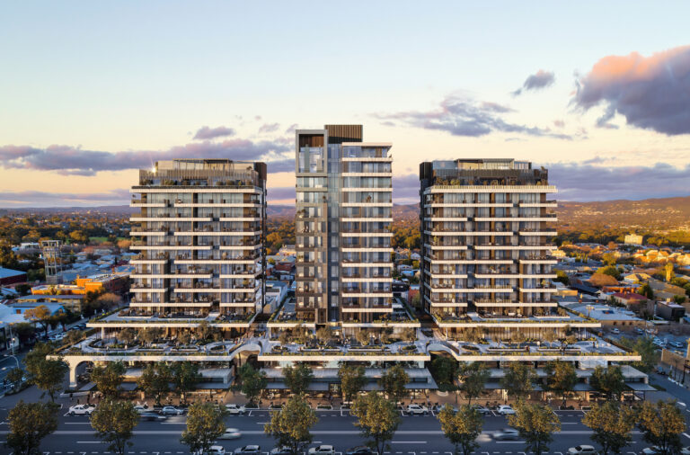 Hub North Adelaide – modern mixed-use development featuring three luxury residential and commercial towers with panoramic views of Adelaide Hills and the city fringe.